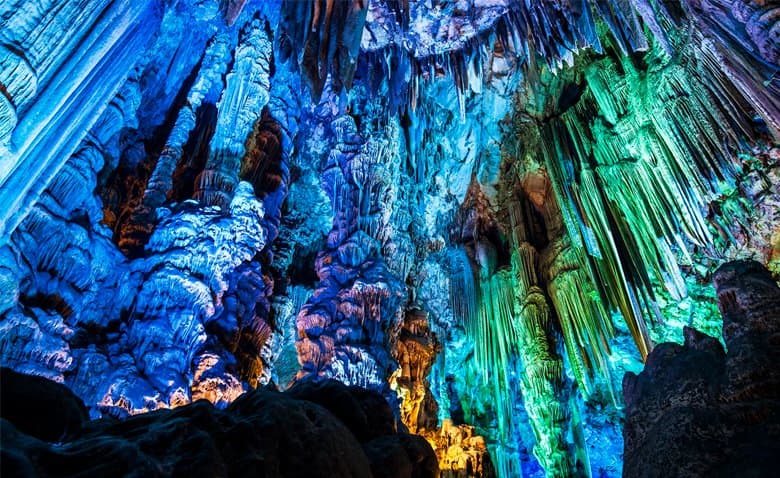Lit stalactites inside St. Michael's Cave, Gibraltar